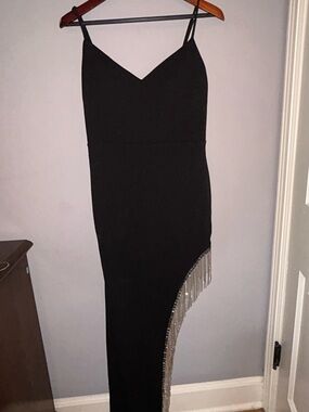 Black Asymmetric Fringe Slip Dress